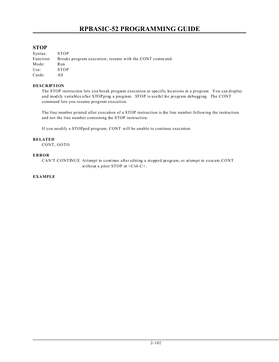 Rpbasic-52 programming guide, Stop | Remote Processing BASIC 52 User Manual | Page 121 / 163