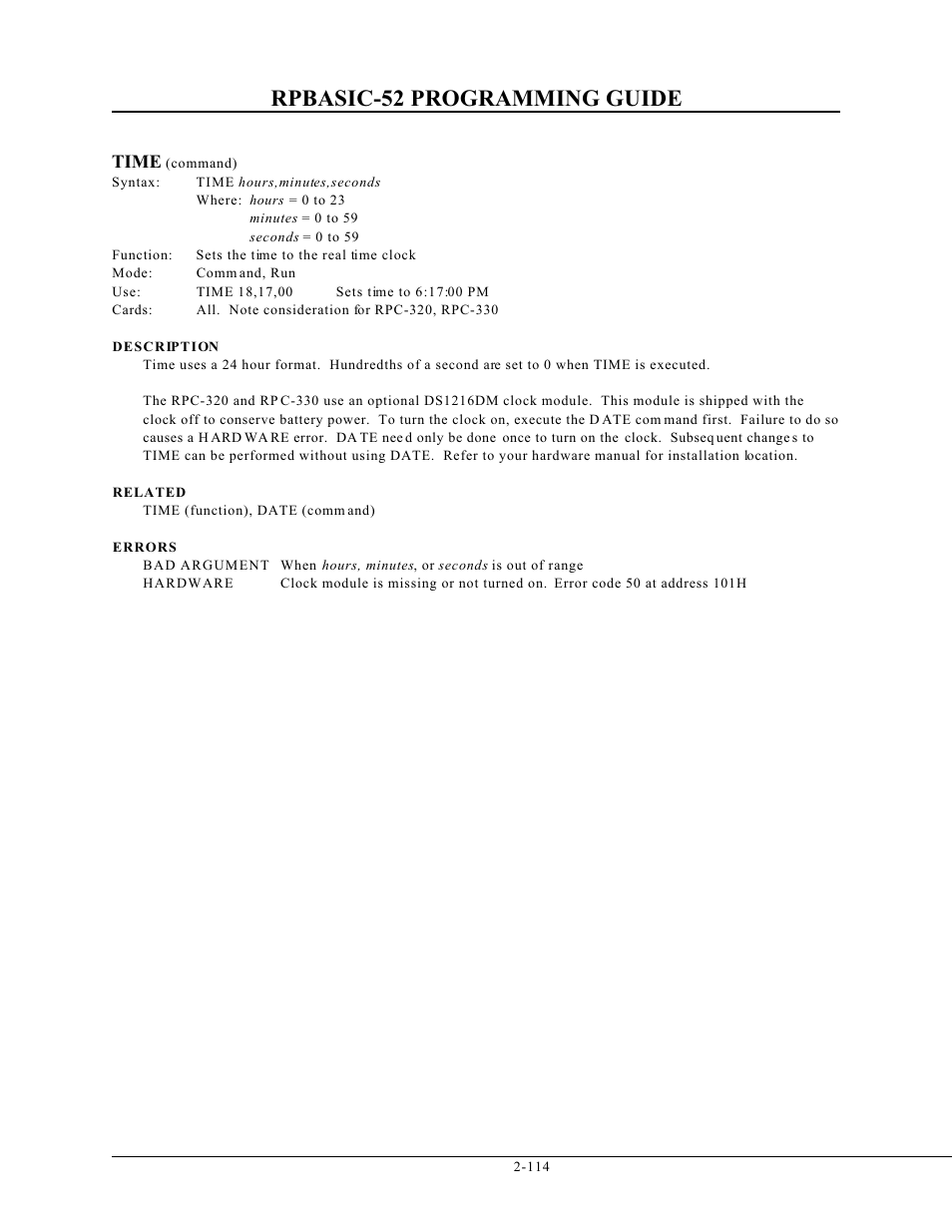 Rpbasic-52 programming guide, Time | Remote Processing BASIC 52 User Manual | Page 133 / 163