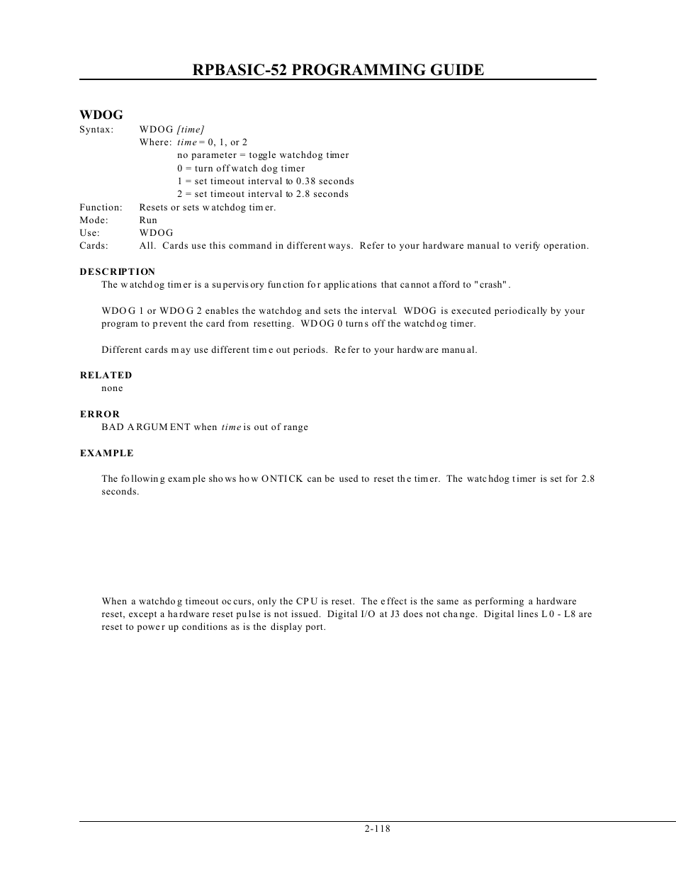 Rpbasic-52 programming guide, Wdog | Remote Processing BASIC 52 User Manual | Page 137 / 163