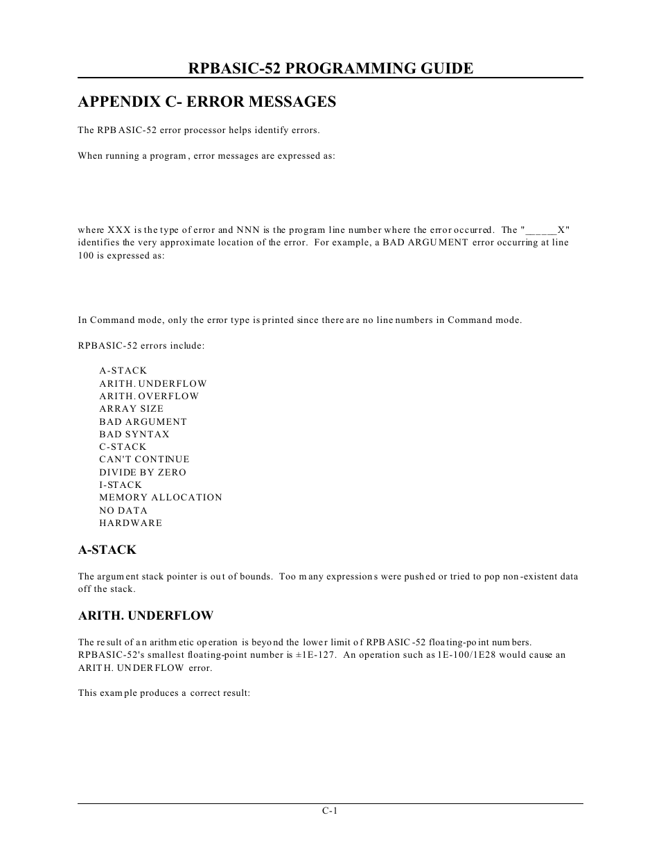 Rpbasic-52 programming guide, Appendix c- error messages | Remote Processing BASIC 52 User Manual | Page 158 / 163