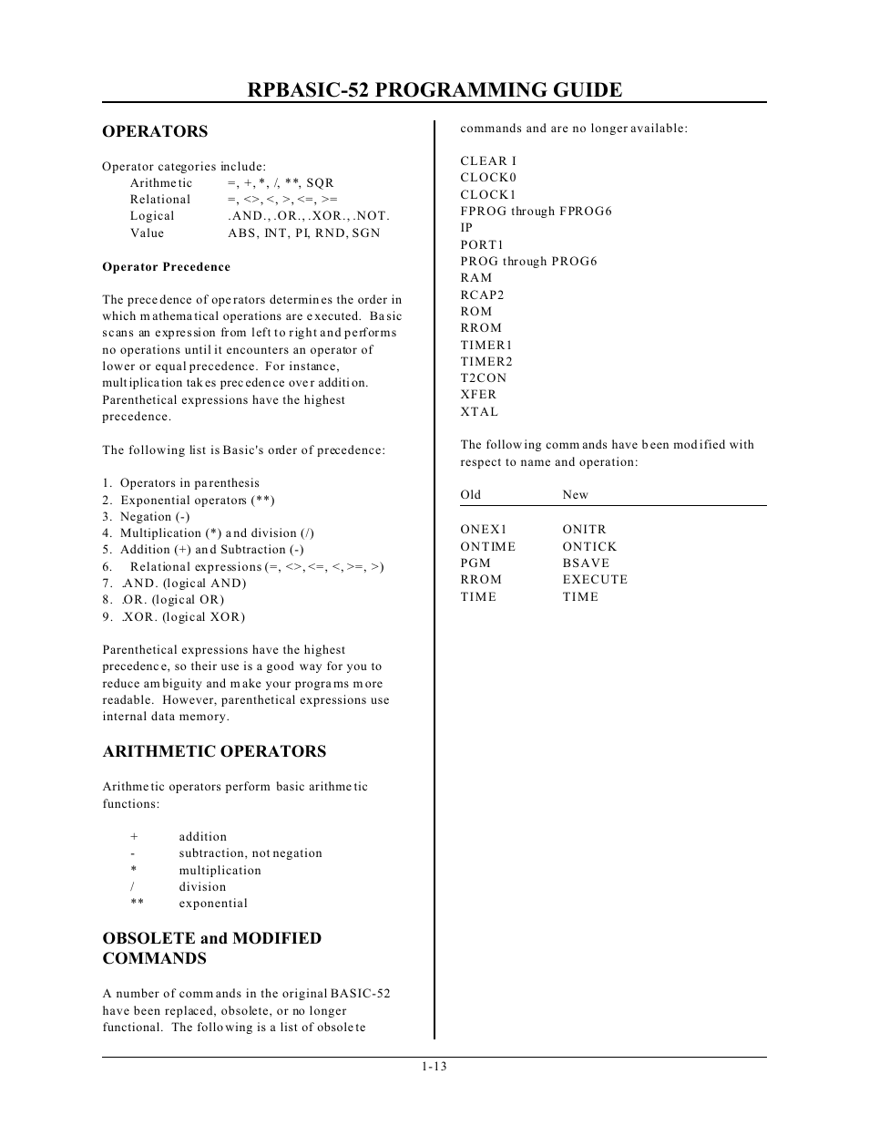 Rpbasic-52 programming guide, Operators, Arithmetic operators | Obsolete and modified commands | Remote Processing BASIC 52 User Manual | Page 16 / 163