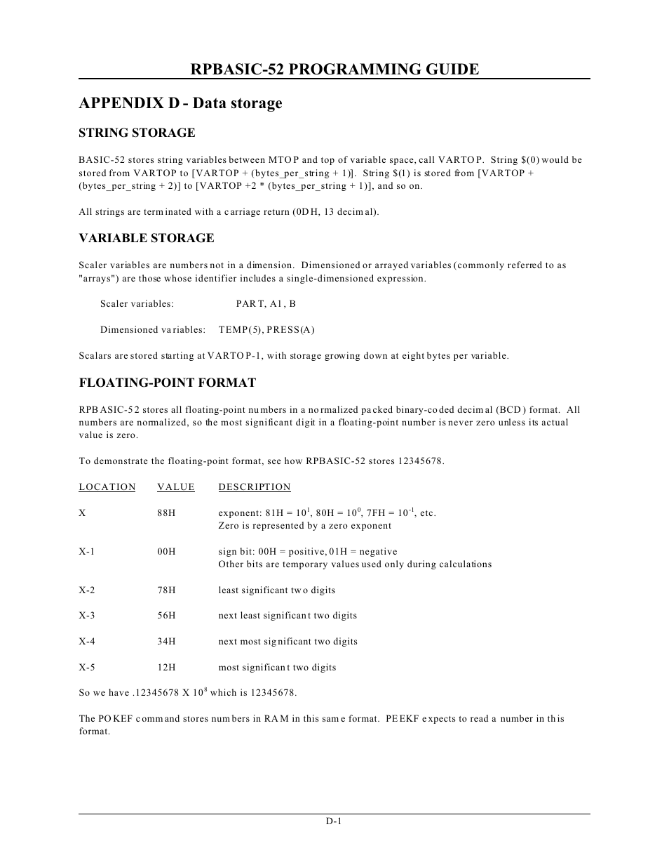 Rpbasic-52 programming guide, Appendix d - data storage, String storage | Variable storage, Floating-point format | Remote Processing BASIC 52 User Manual | Page 161 / 163