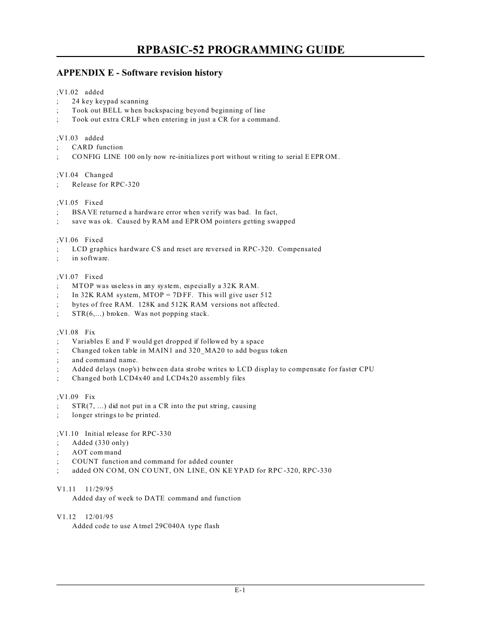 Rpbasic-52 programming guide, Appendix e - software revision history | Remote Processing BASIC 52 User Manual | Page 162 / 163