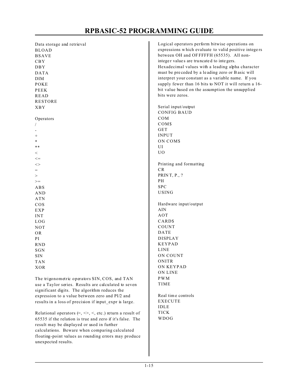 Rpbasic-52 programming guide | Remote Processing BASIC 52 User Manual | Page 18 / 163