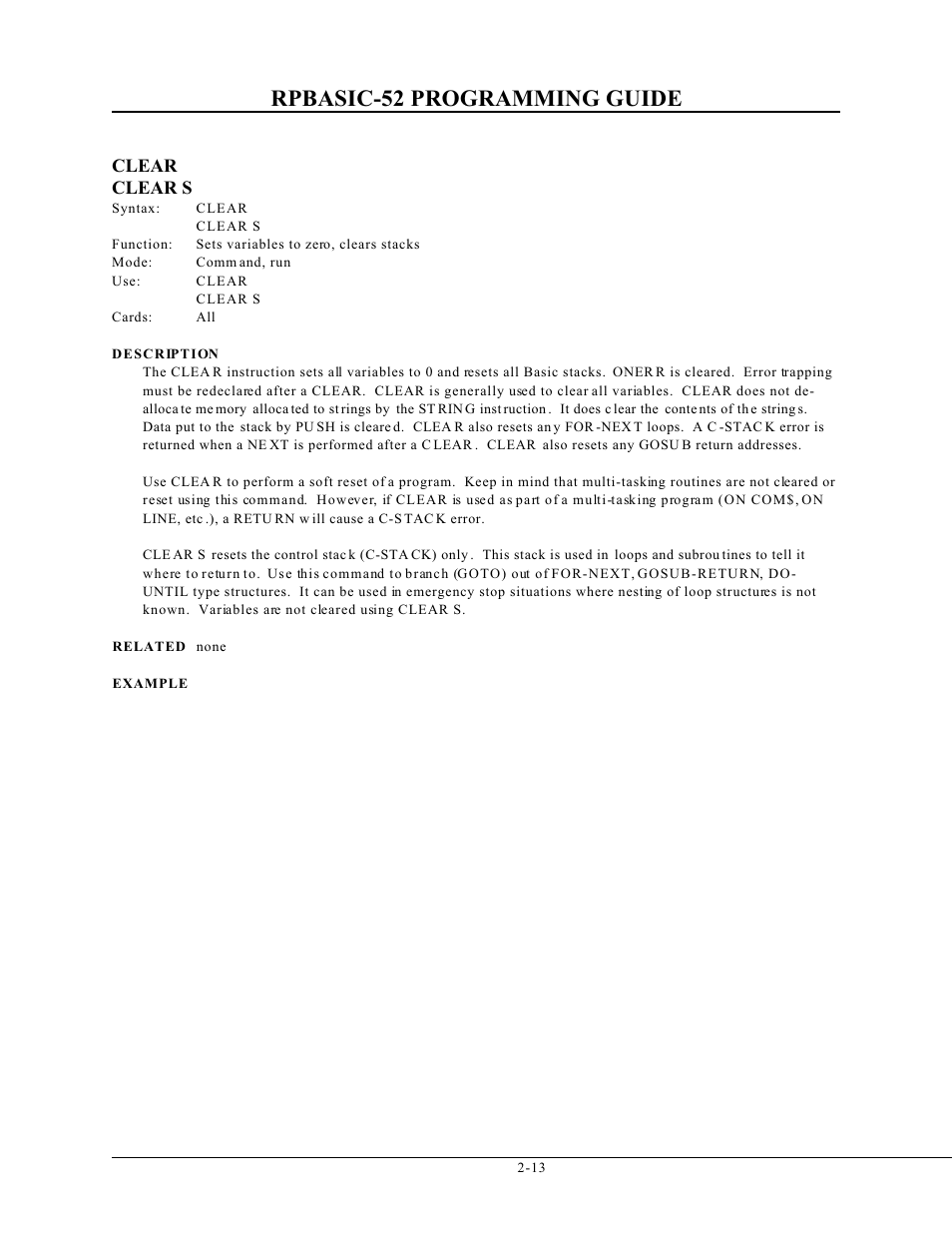 Rpbasic-52 programming guide, Clear clear s | Remote Processing BASIC 52 User Manual | Page 32 / 163