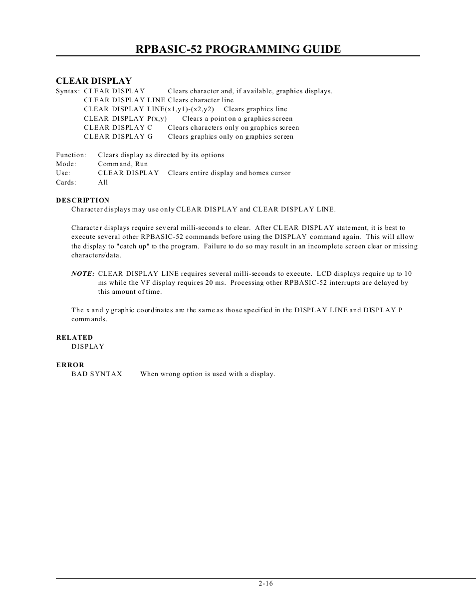 Rpbasic-52 programming guide, Clear display | Remote Processing BASIC 52 User Manual | Page 35 / 163