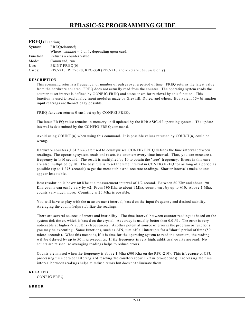 Rpbasic-52 programming guide, Freq | Remote Processing BASIC 52 User Manual | Page 60 / 163