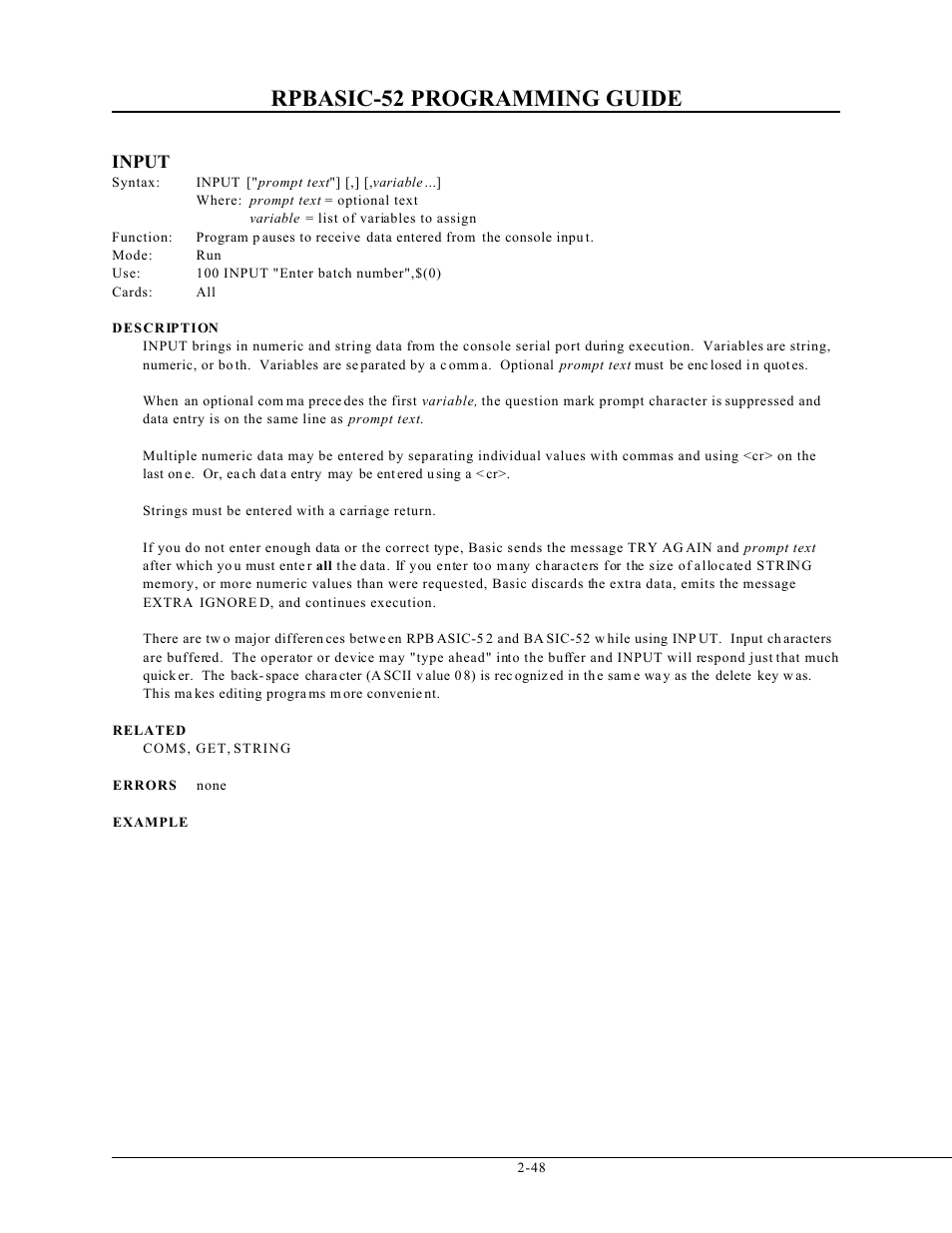 Rpbasic-52 programming guide, Input | Remote Processing BASIC 52 User Manual | Page 67 / 163