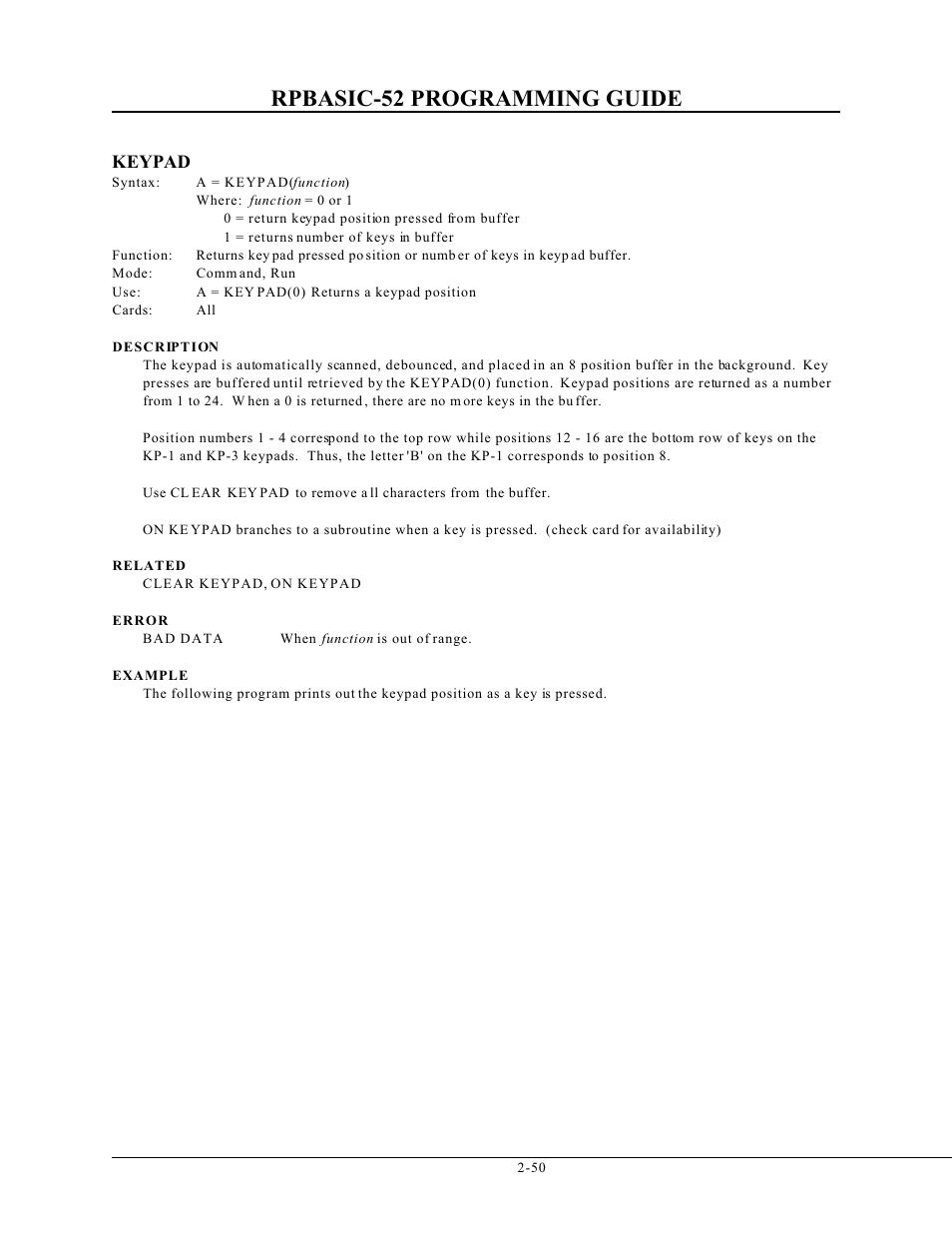 Rpbasic-52 programming guide, Keypad | Remote Processing BASIC 52 User Manual | Page 69 / 163