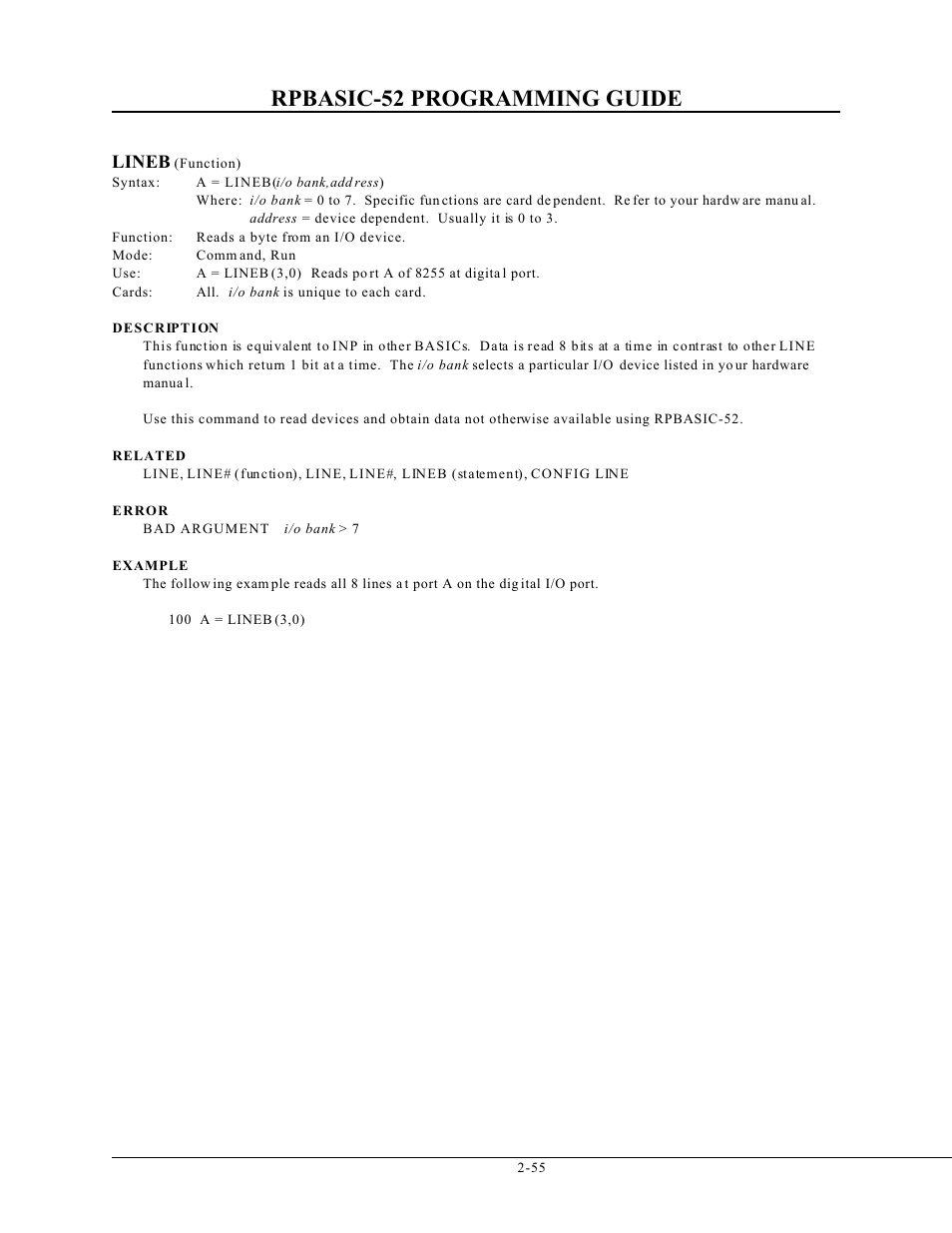 Rpbasic-52 programming guide, Lineb | Remote Processing BASIC 52 User Manual | Page 74 / 163