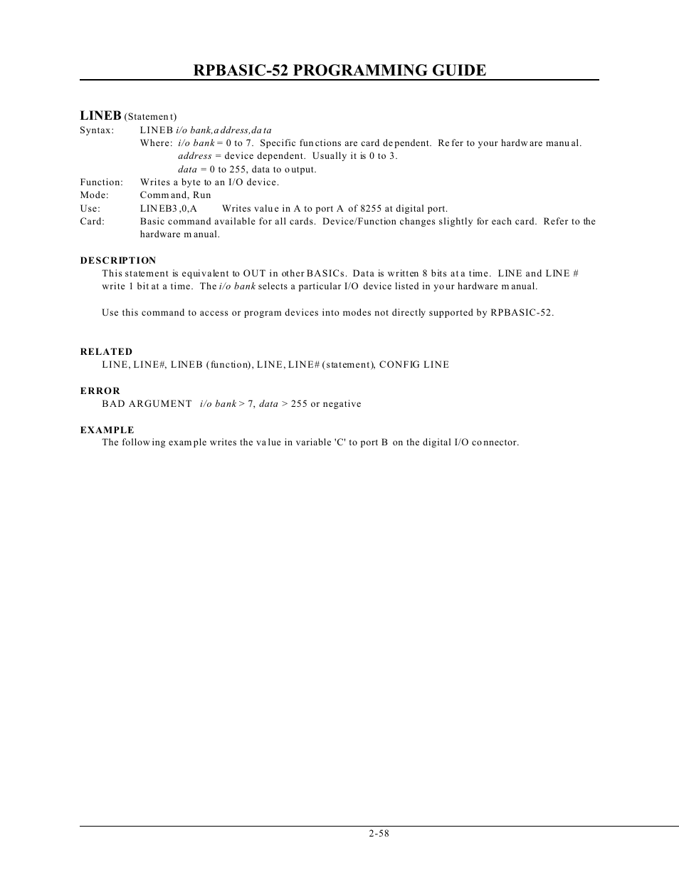 Rpbasic-52 programming guide, Lineb | Remote Processing BASIC 52 User Manual | Page 77 / 163