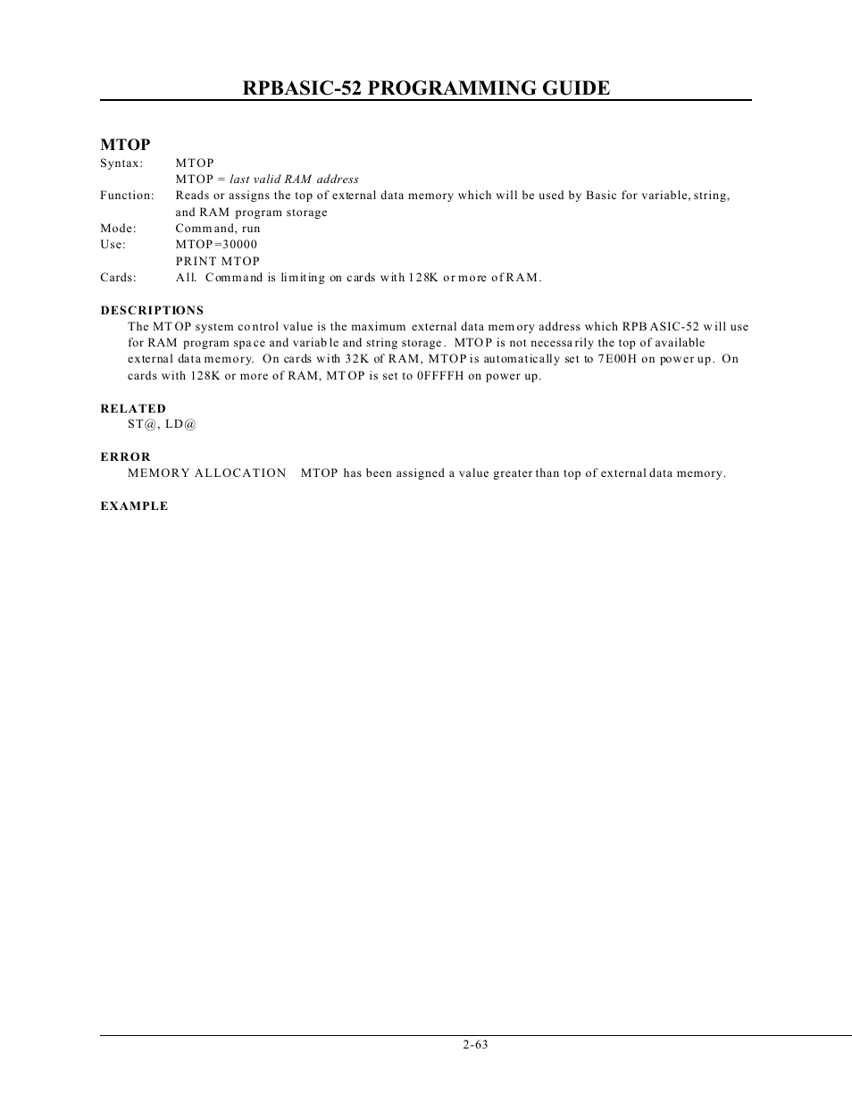 Rpbasic-52 programming guide, Mtop | Remote Processing BASIC 52 User Manual | Page 82 / 163