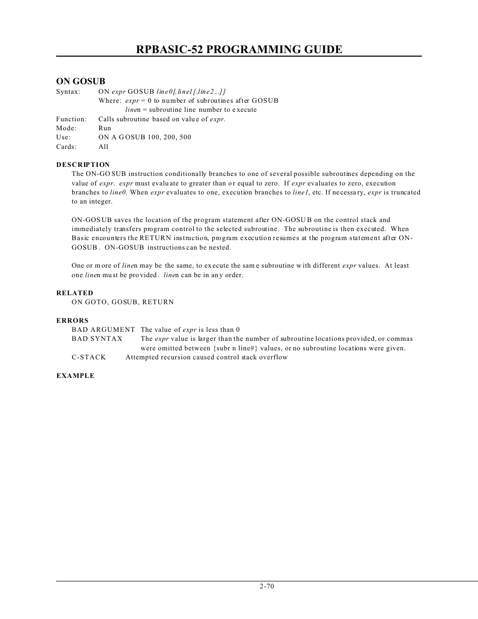 Rpbasic-52 programming guide, On gosub | Remote Processing BASIC 52 User Manual | Page 89 / 163