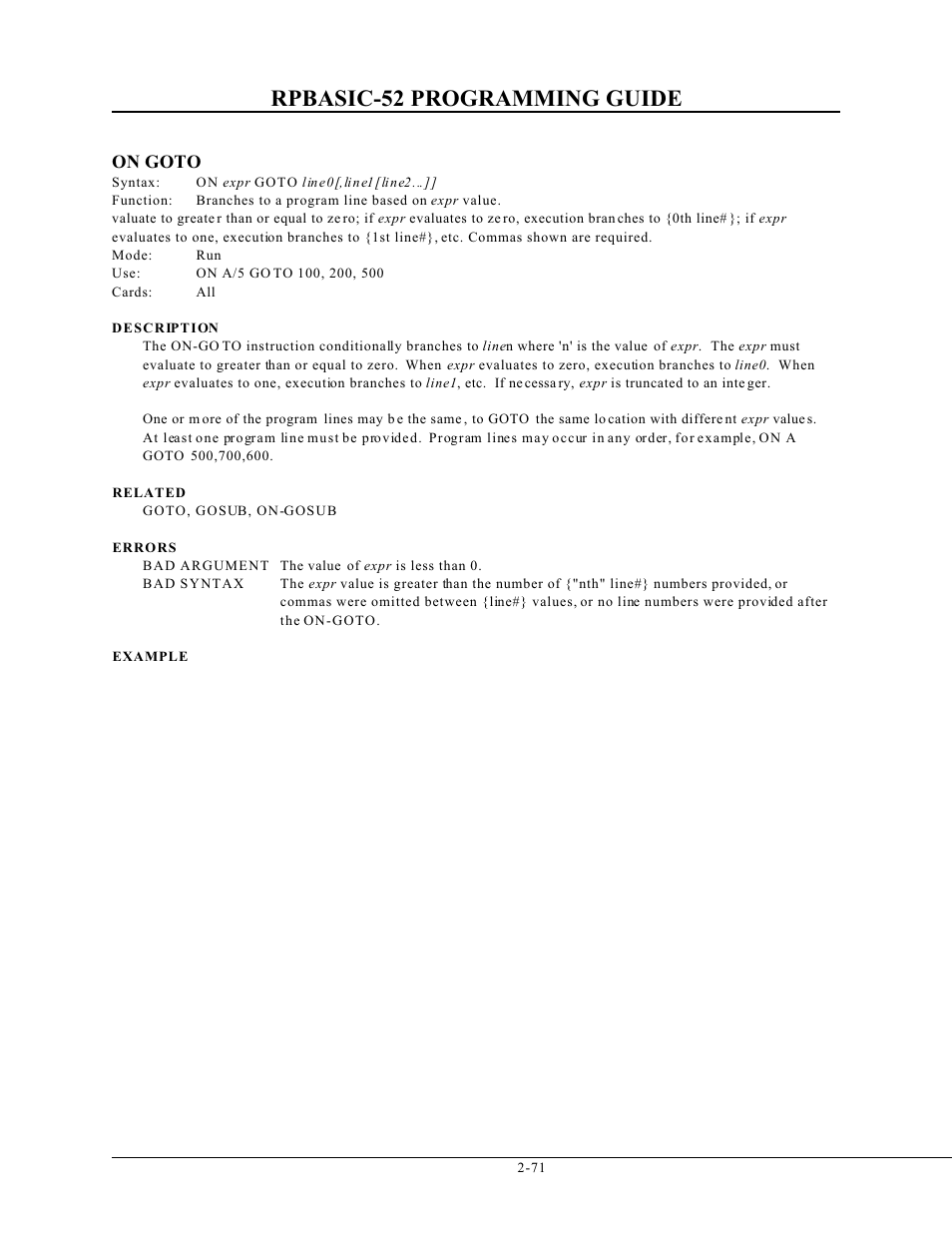 Rpbasic-52 programming guide, On goto | Remote Processing BASIC 52 User Manual | Page 90 / 163