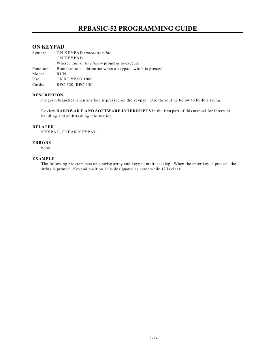 Rpbasic-52 programming guide, On keypad | Remote Processing BASIC 52 User Manual | Page 93 / 163