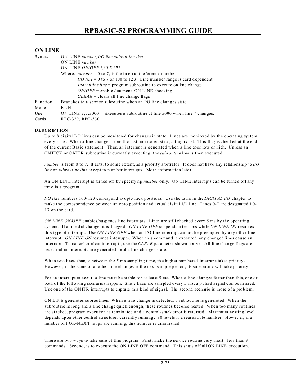 Rpbasic-52 programming guide, On line | Remote Processing BASIC 52 User Manual | Page 94 / 163