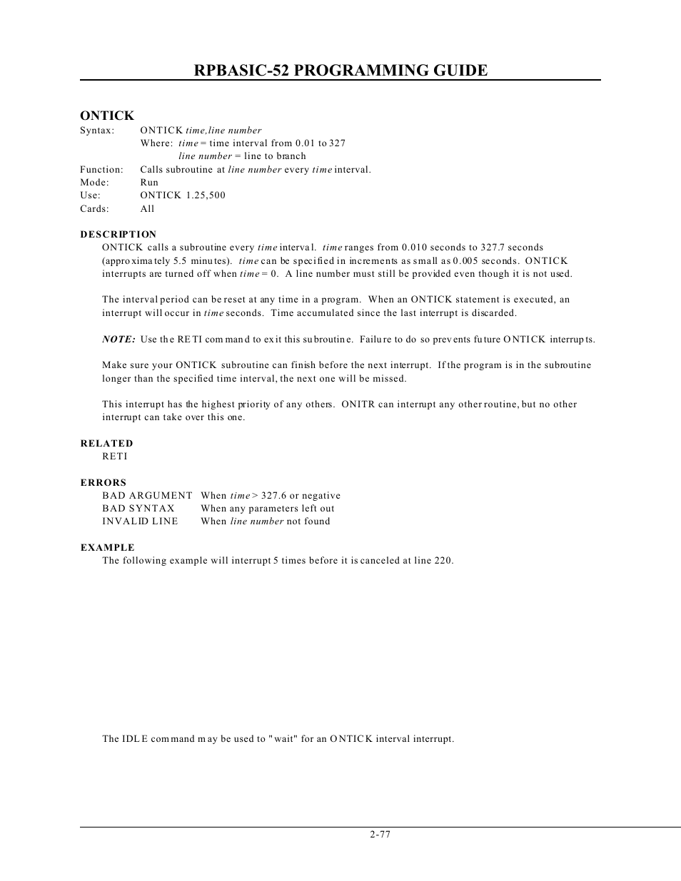 Rpbasic-52 programming guide, Ontick | Remote Processing BASIC 52 User Manual | Page 96 / 163