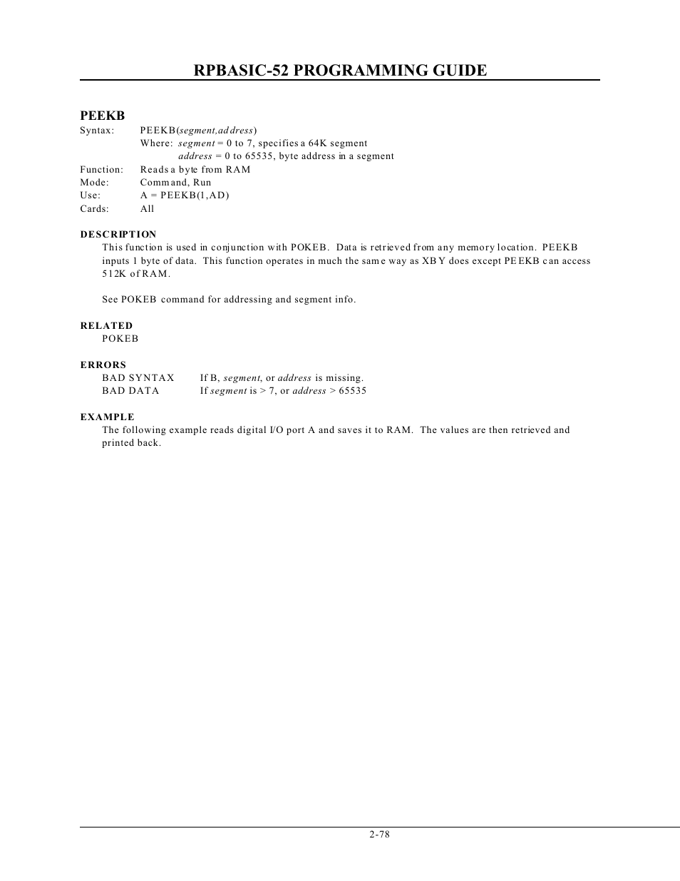 Rpbasic-52 programming guide, Peekb | Remote Processing BASIC 52 User Manual | Page 97 / 163