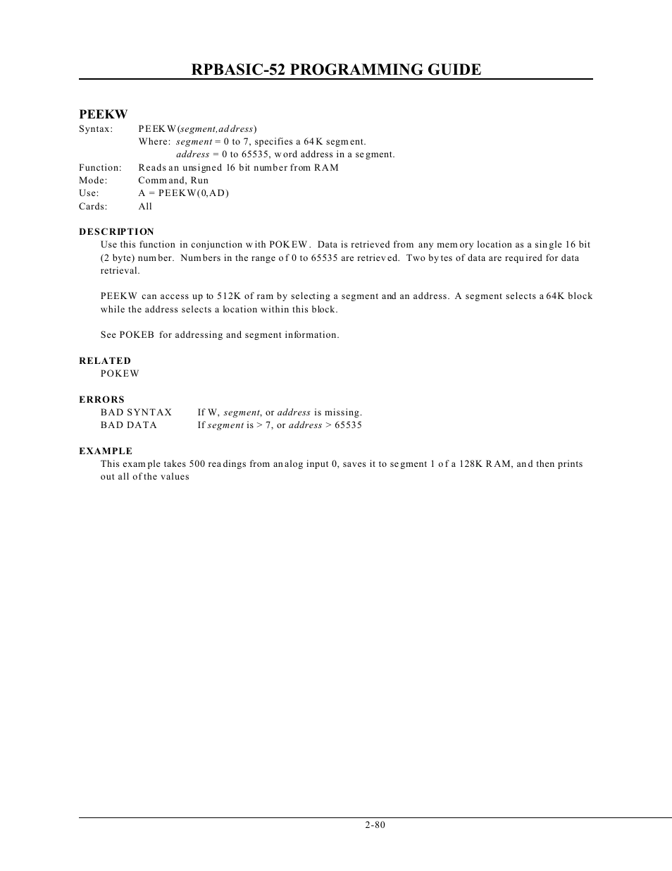 Rpbasic-52 programming guide, Peekw | Remote Processing BASIC 52 User Manual | Page 99 / 163