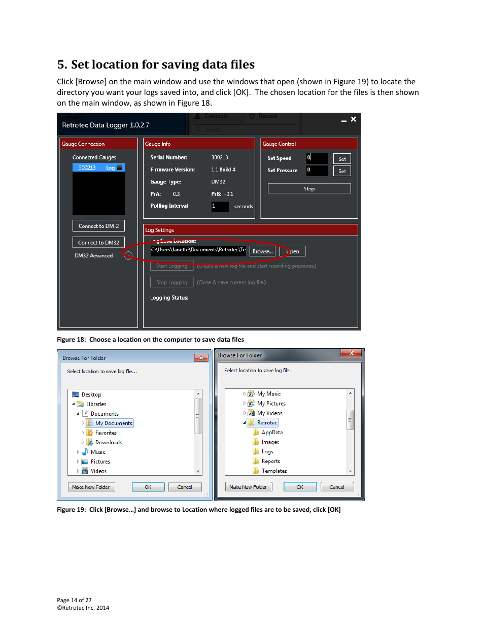 Set location for saving data files | Retrotec DM32 Data Logger User Manual | Page 14 / 27