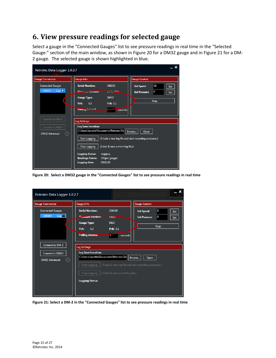 View pressure readings for selected gauge | Retrotec DM32 Data Logger User Manual | Page 15 / 27