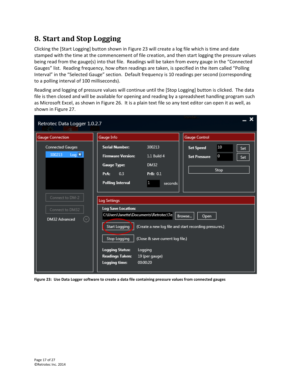 Start and stop logging | Retrotec DM32 Data Logger User Manual | Page 17 / 27