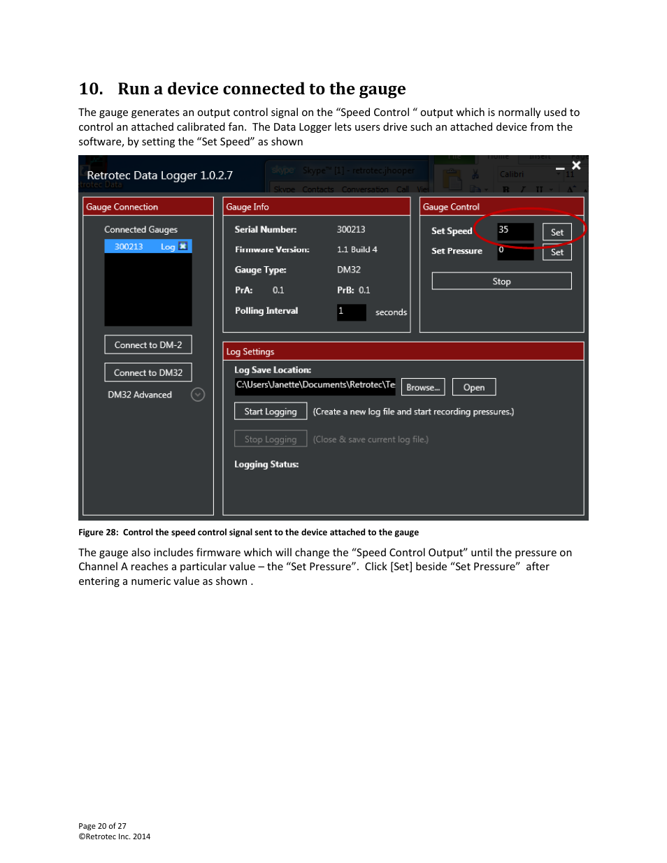 Run a device connected to the gauge | Retrotec DM32 Data Logger User Manual | Page 20 / 27