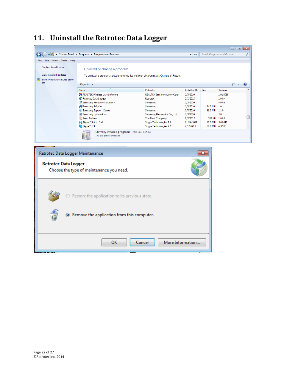 Uninstall the retrotec data logger | Retrotec DM32 Data Logger User Manual | Page 22 / 27