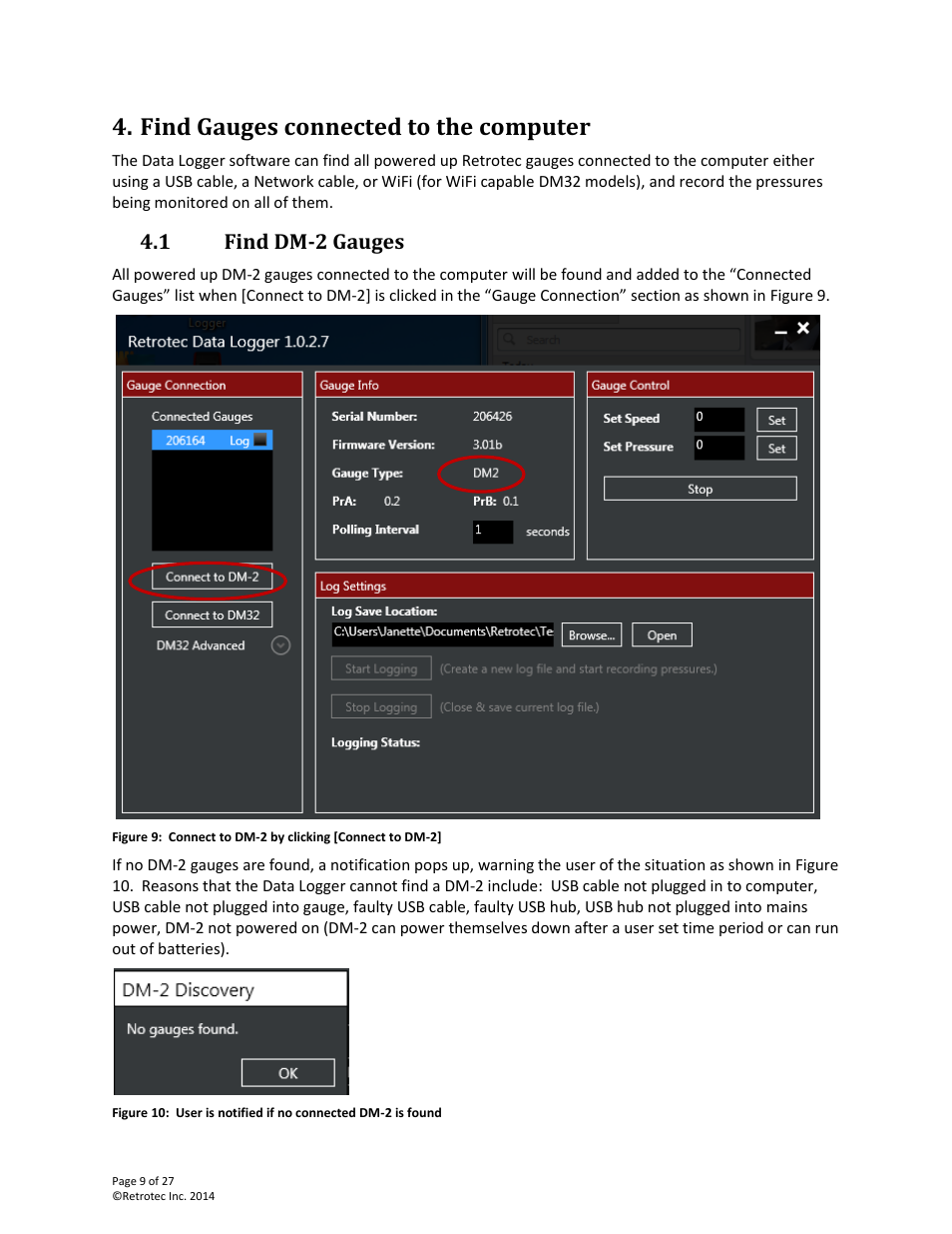 Find gauges connected to the computer, Find dm-2 gauges, 1 find dm-2 gauges | Retrotec DM32 Data Logger User Manual | Page 9 / 27