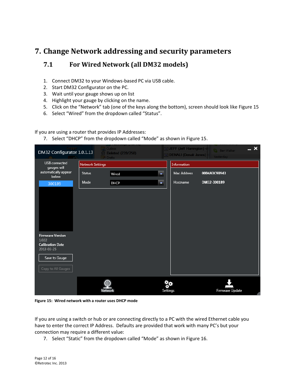 Change network addressing and security parameters, For wired network (all dm32 models), 1 for wired network (all dm32 models) | Retrotec DM32 User Manual | Page 12 / 16