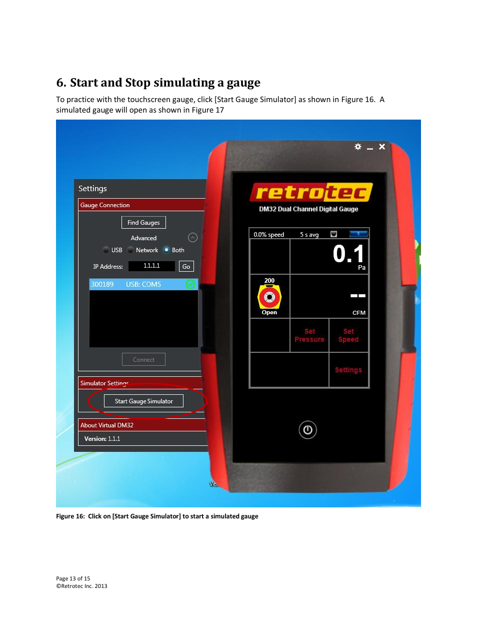 Start and stop simulating a gauge | Retrotec DM32 User Manual | Page 13 / 15