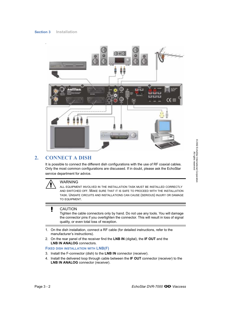 Connect a dish, Fixed dish installation with lnb(f) | Dish Network DVR-7000 User Manual | Page 12 / 100