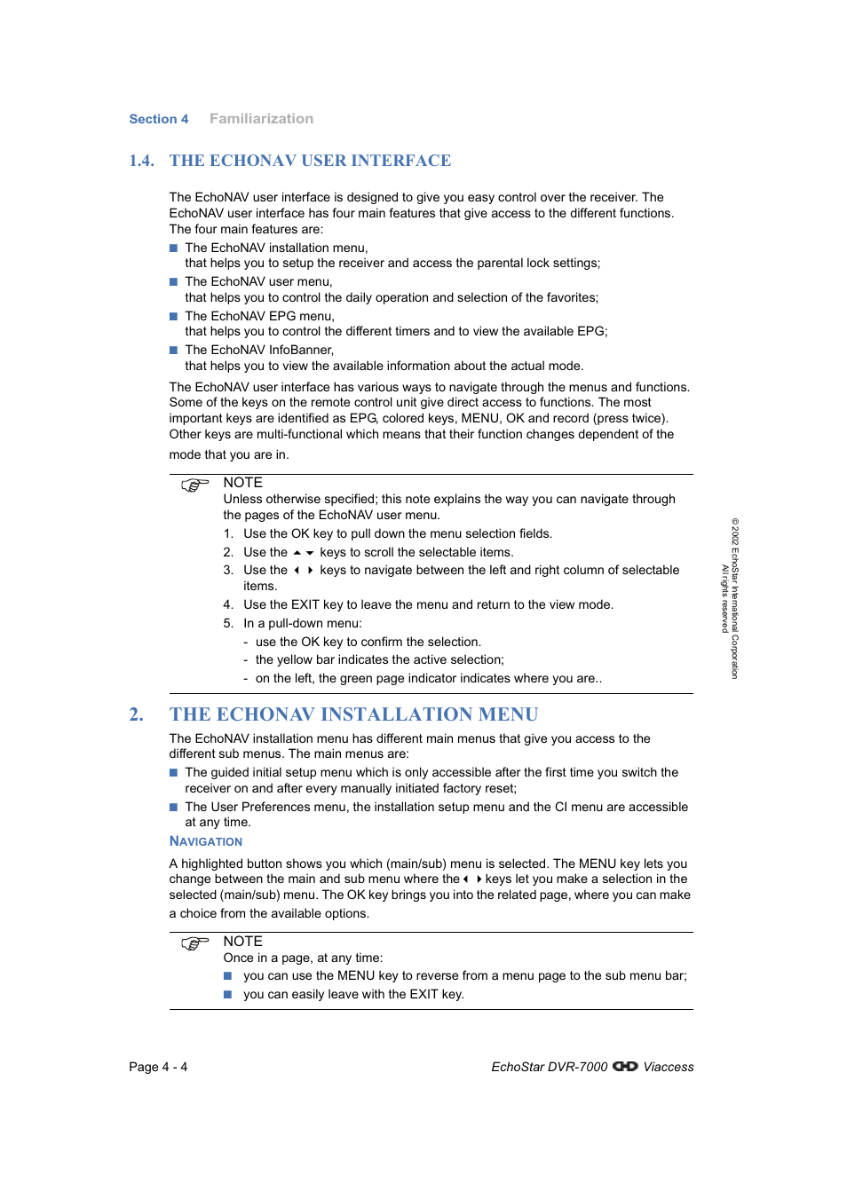 The echonav user interface, The echonav installation menu, Navigation | Dish Network DVR-7000 User Manual | Page 22 / 100