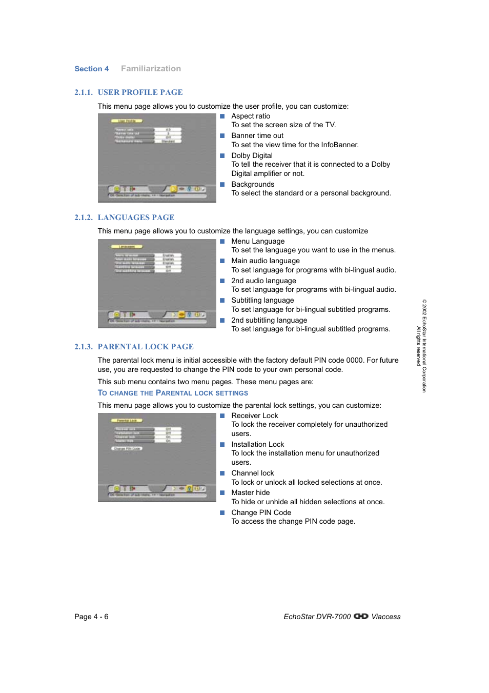 To change the parental lock settings | Dish Network DVR-7000 User Manual | Page 24 / 100