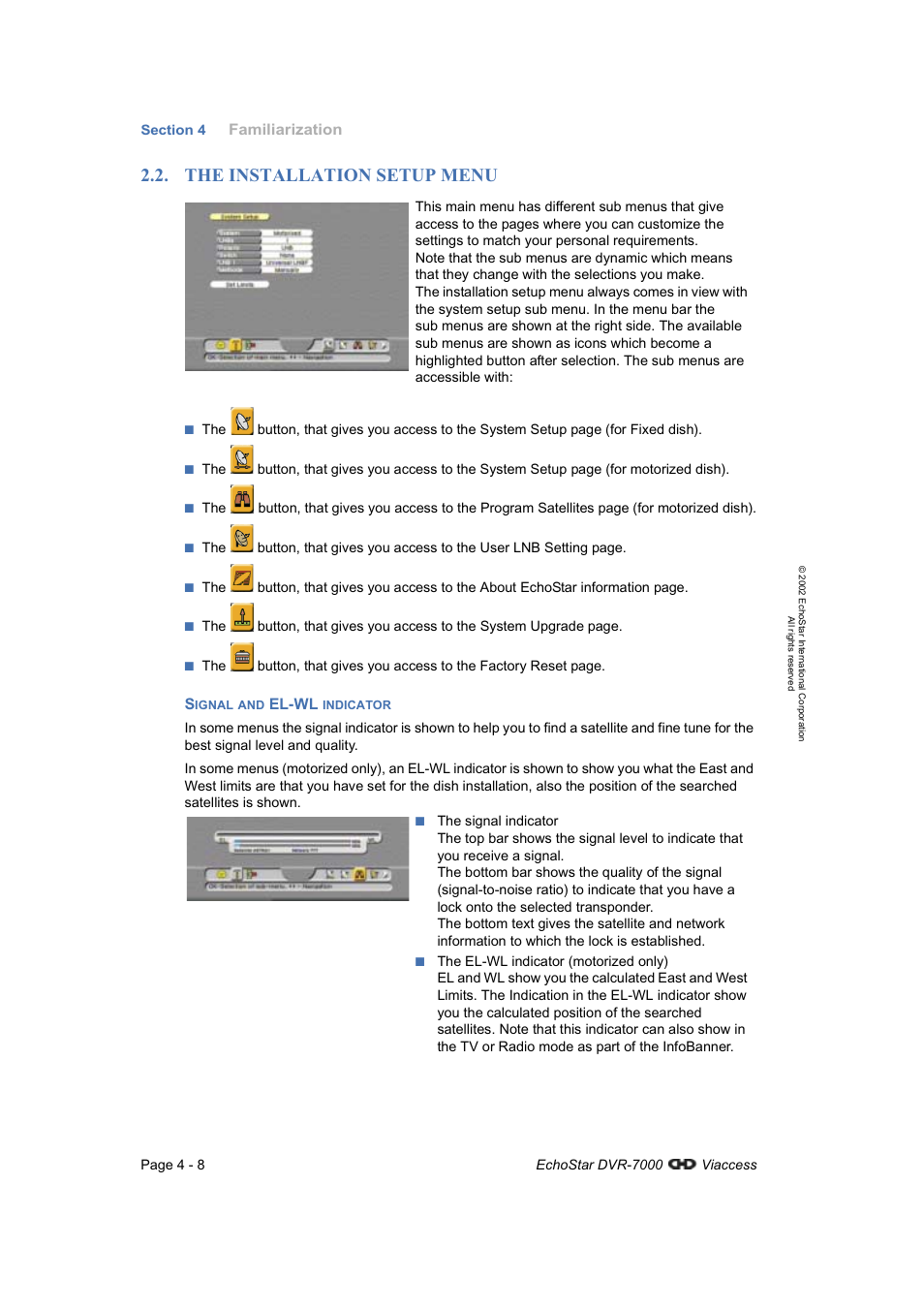 The installation setup menu, Signal and el-wl indicator | Dish Network DVR-7000 User Manual | Page 26 / 100