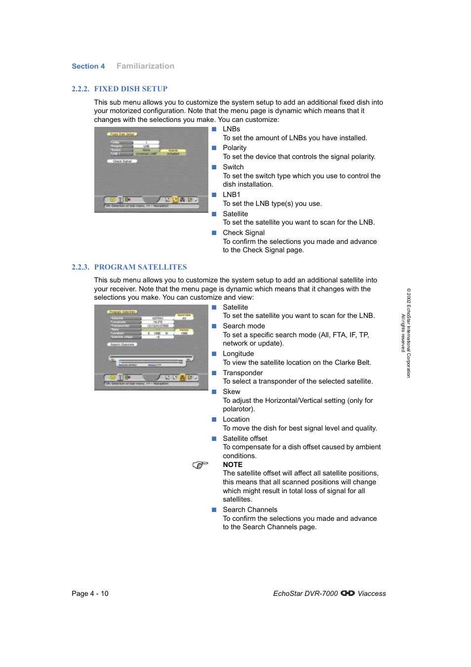 Fixed dish setup, Program satellites | Dish Network DVR-7000 User Manual | Page 28 / 100