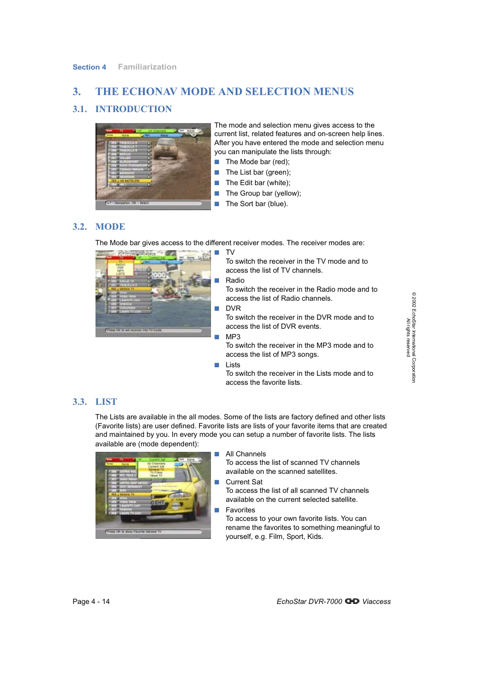 The echonav mode and selection menus, Introduction, Mode | List, Introduction 3.2. mode | Dish Network DVR-7000 User Manual | Page 32 / 100