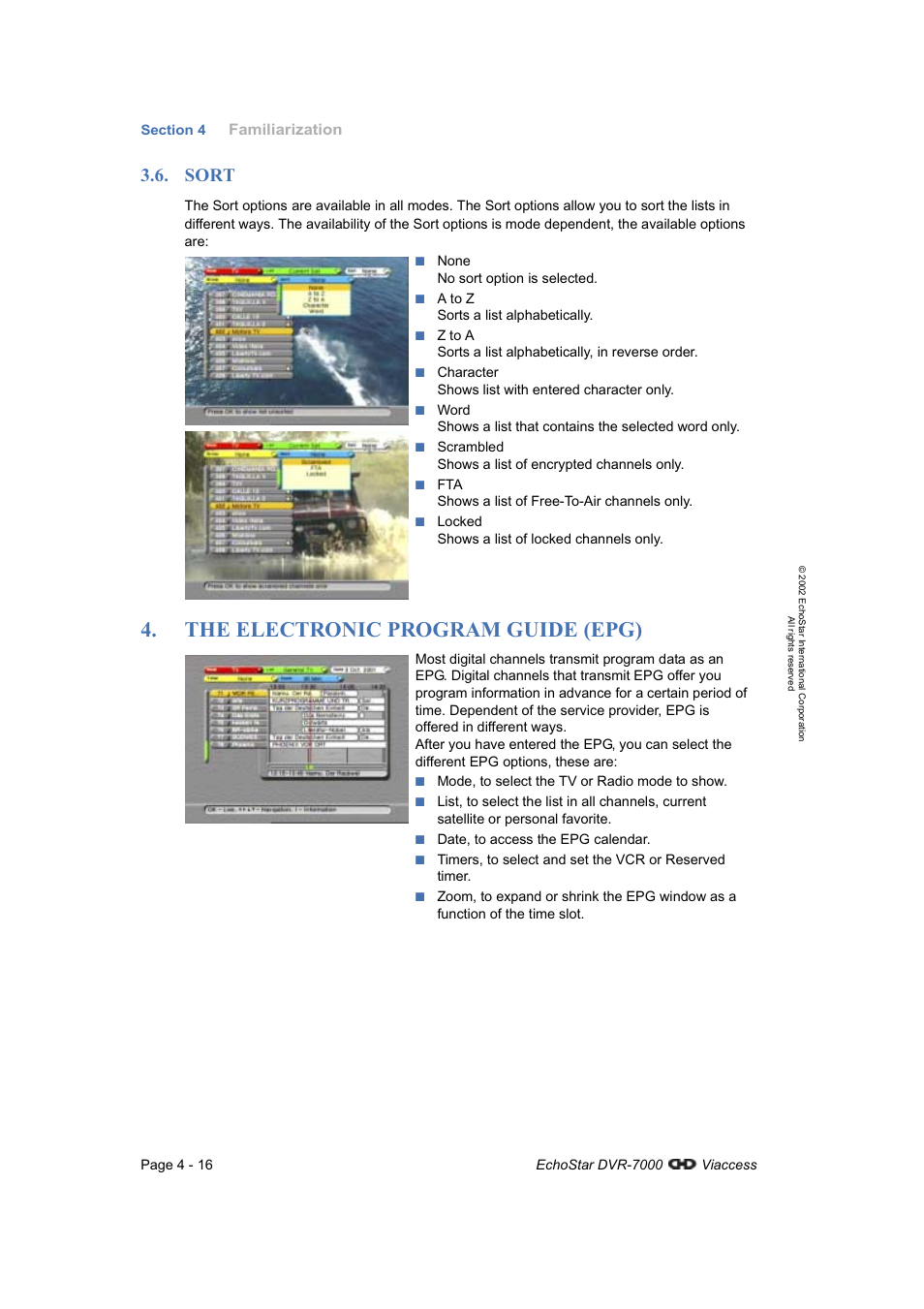 Sort, The electronic program guide (epg) | Dish Network DVR-7000 User Manual | Page 34 / 100