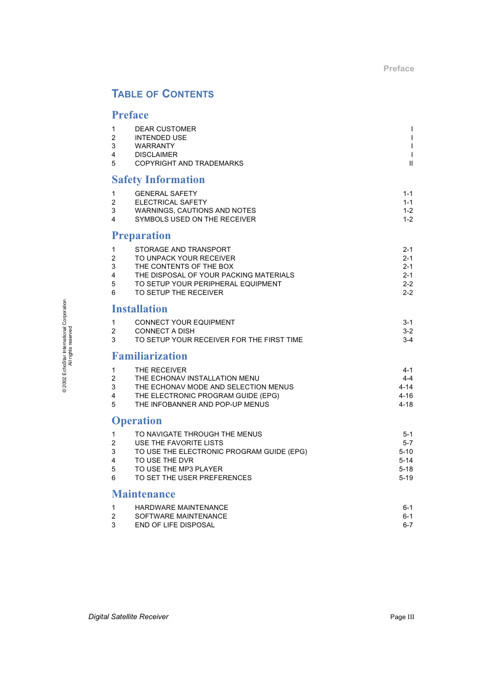 Preface, Safety information, Preparation | Installation, Familiarization, Operation, Maintenance, Able of, Ontents | Dish Network DVR-7000 User Manual | Page 5 / 100