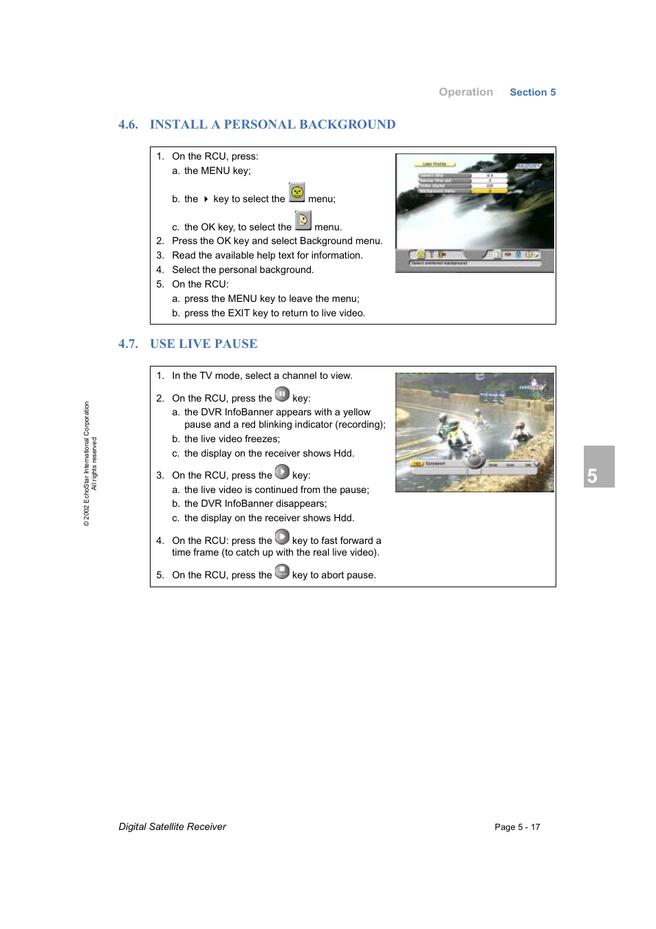 Install a personal background, Use live pause, Install a personal background 4.7. use live pause | Dish Network DVR-7000 User Manual | Page 55 / 100