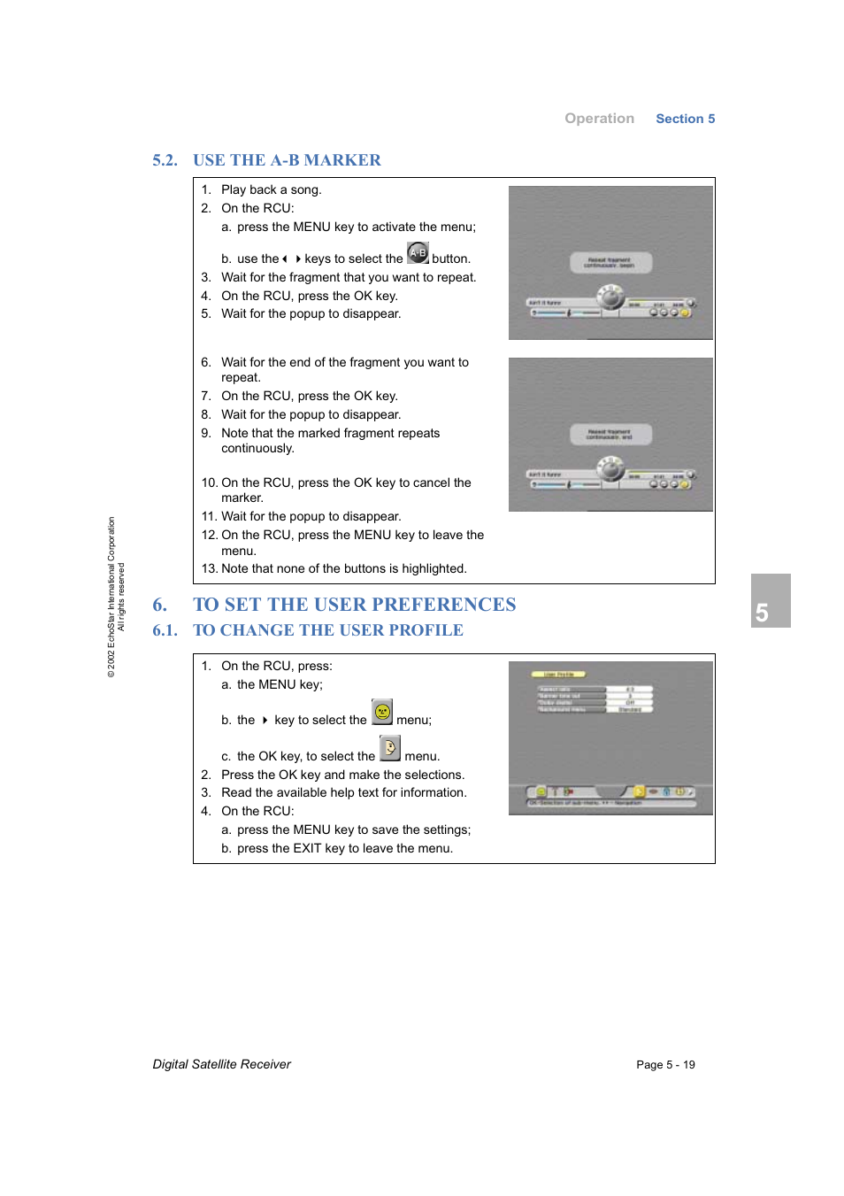 Use the a-b marker, To set the user preferences, To change the user profile | Dish Network DVR-7000 User Manual | Page 57 / 100