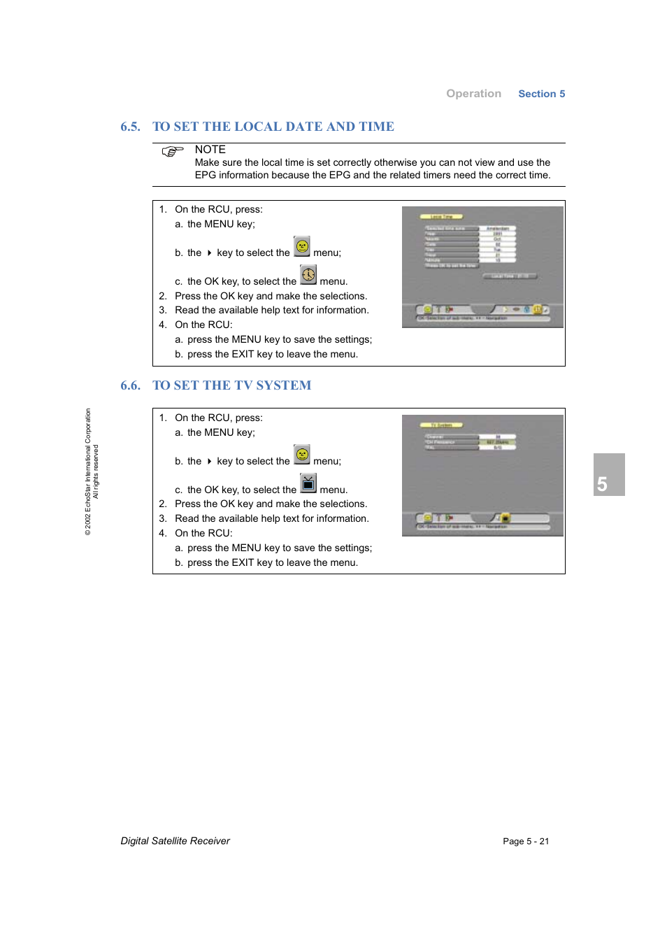 To set the local date and time, To set the tv system | Dish Network DVR-7000 User Manual | Page 59 / 100