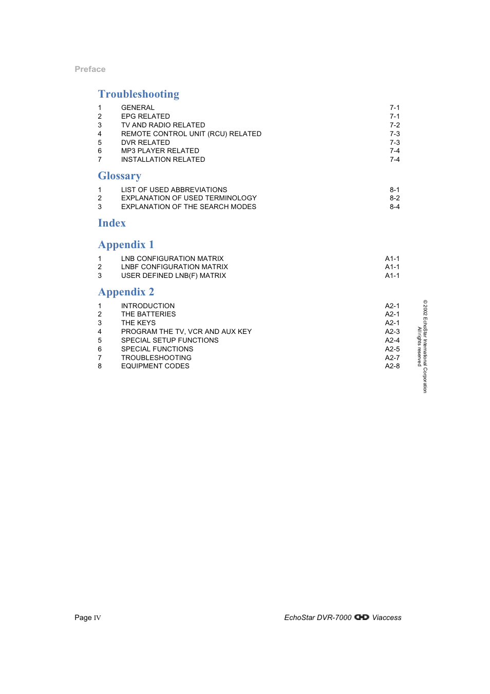 Troubleshooting, Glossary, Index appendix 1 | Appendix 2 | Dish Network DVR-7000 User Manual | Page 6 / 100