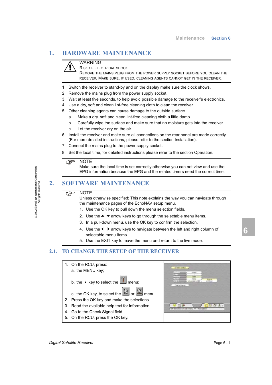 Maintenance, Hardware maintenance, Software maintenance | To change the setup of the receiver | Dish Network DVR-7000 User Manual | Page 61 / 100