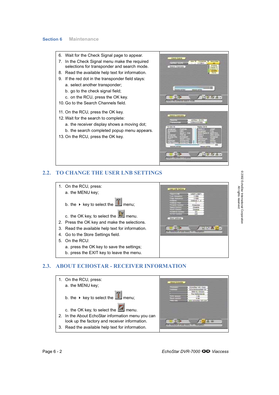 To change the user lnb settings, About echostar - receiver information | Dish Network DVR-7000 User Manual | Page 62 / 100