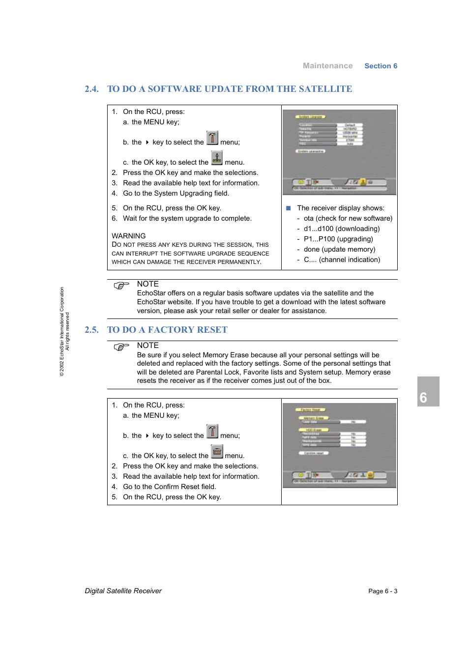 To do a software update from the satellite, To do a factory reset | Dish Network DVR-7000 User Manual | Page 63 / 100