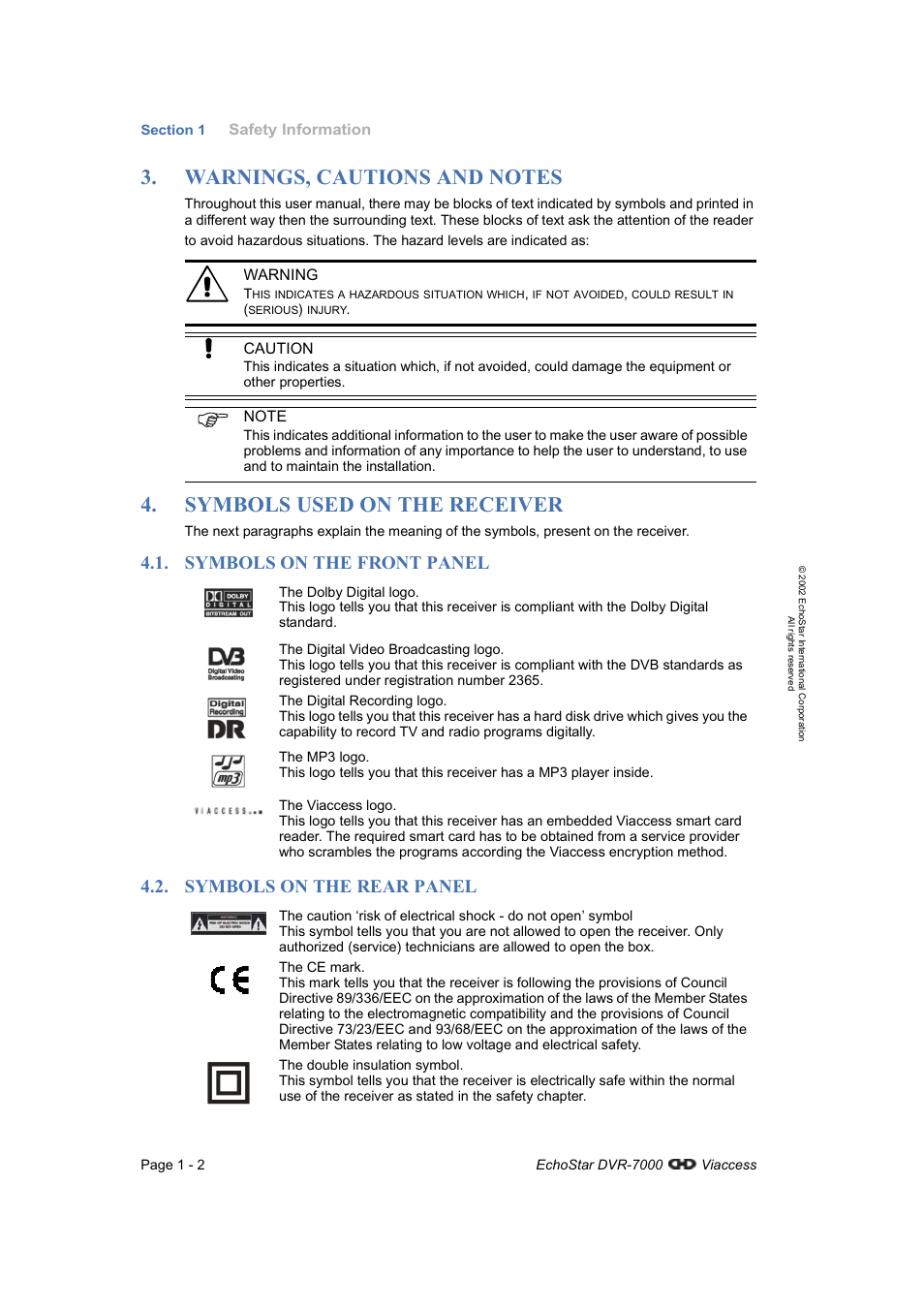 Warnings, cautions and notes, Symbols used on the receiver, Symbols on the front panel | Symbols on the rear panel | Dish Network DVR-7000 User Manual | Page 8 / 100