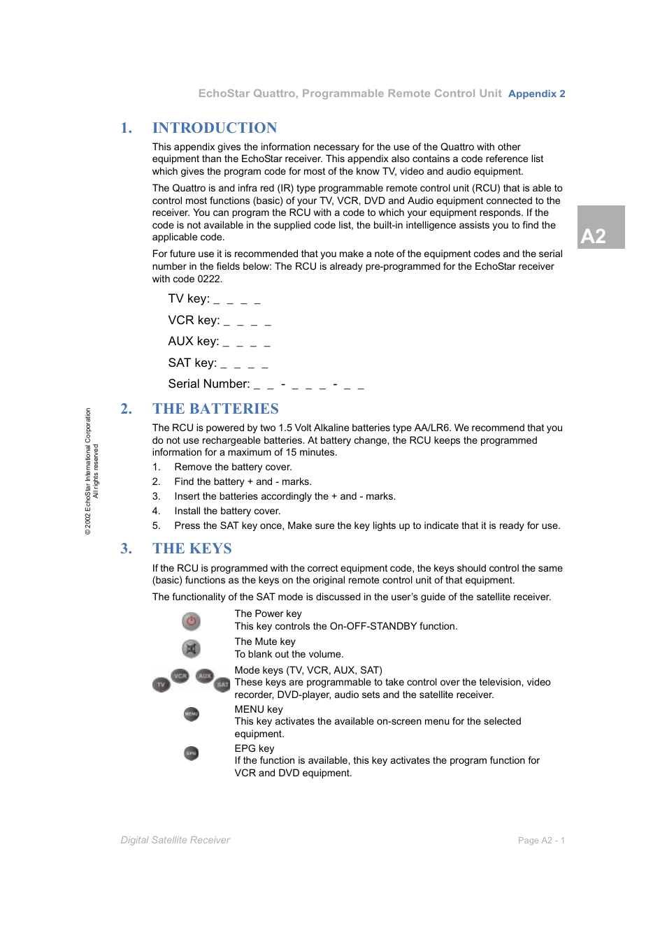 Appendix 2, Introduction, The batteries | The keys, A2-1 | Dish Network DVR-7000 User Manual | Page 83 / 100