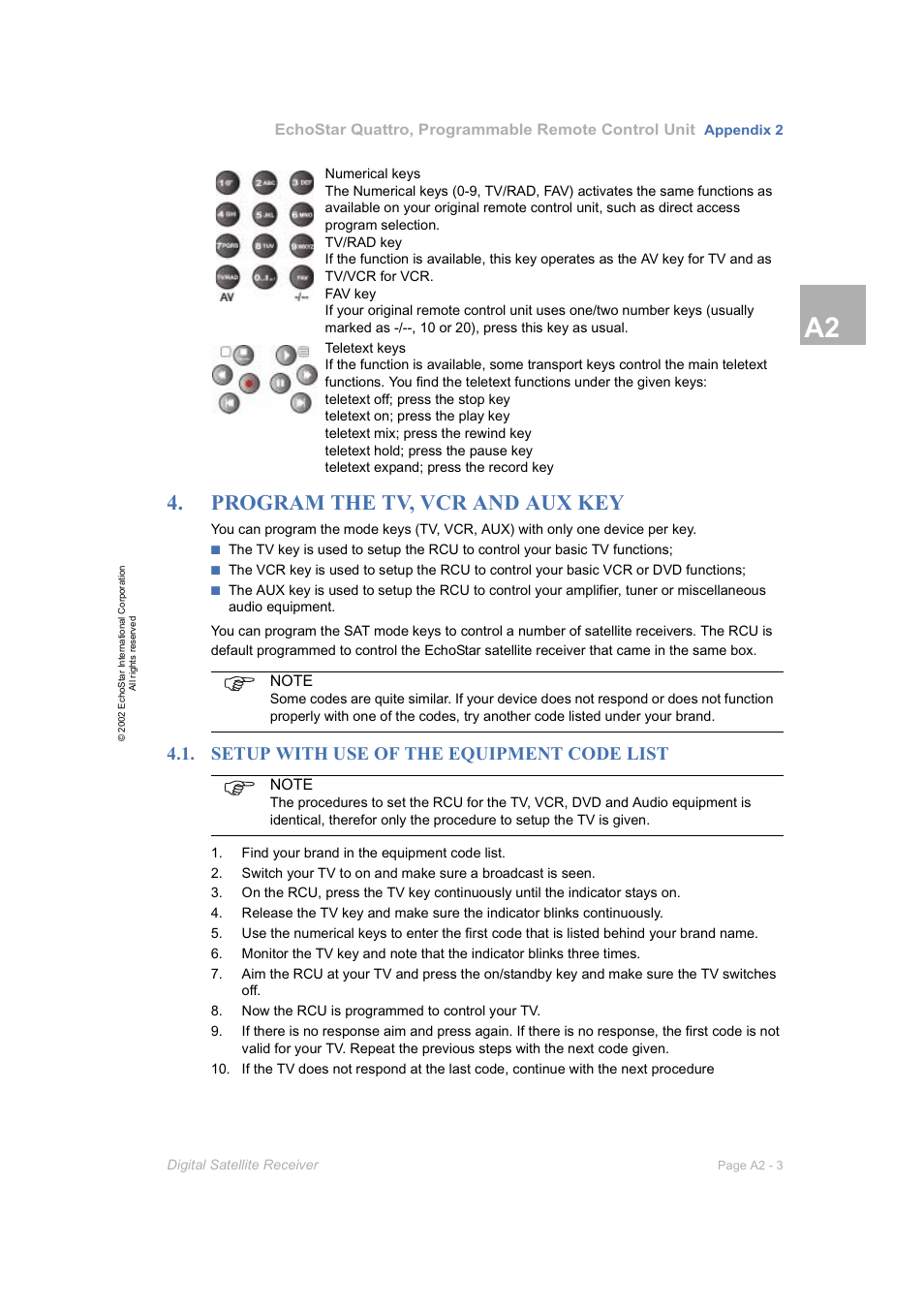 Program the tv, vcr and aux key, Setup with use of the equipment code list, A2-3 | Dish Network DVR-7000 User Manual | Page 85 / 100