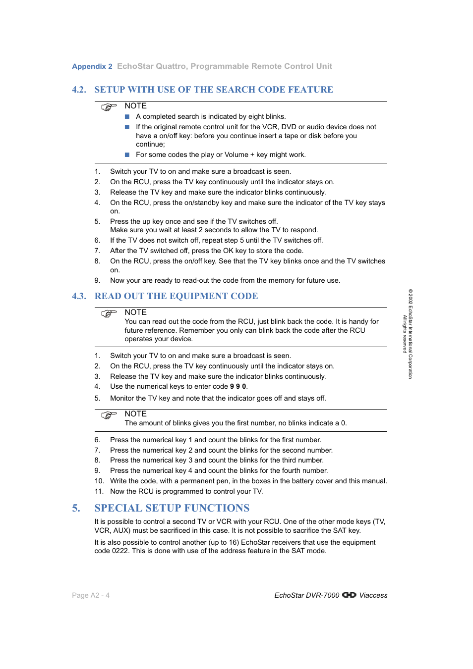 Setup with use of the search code feature, Read out the equipment code, Special setup functions | A2-4 | Dish Network DVR-7000 User Manual | Page 86 / 100